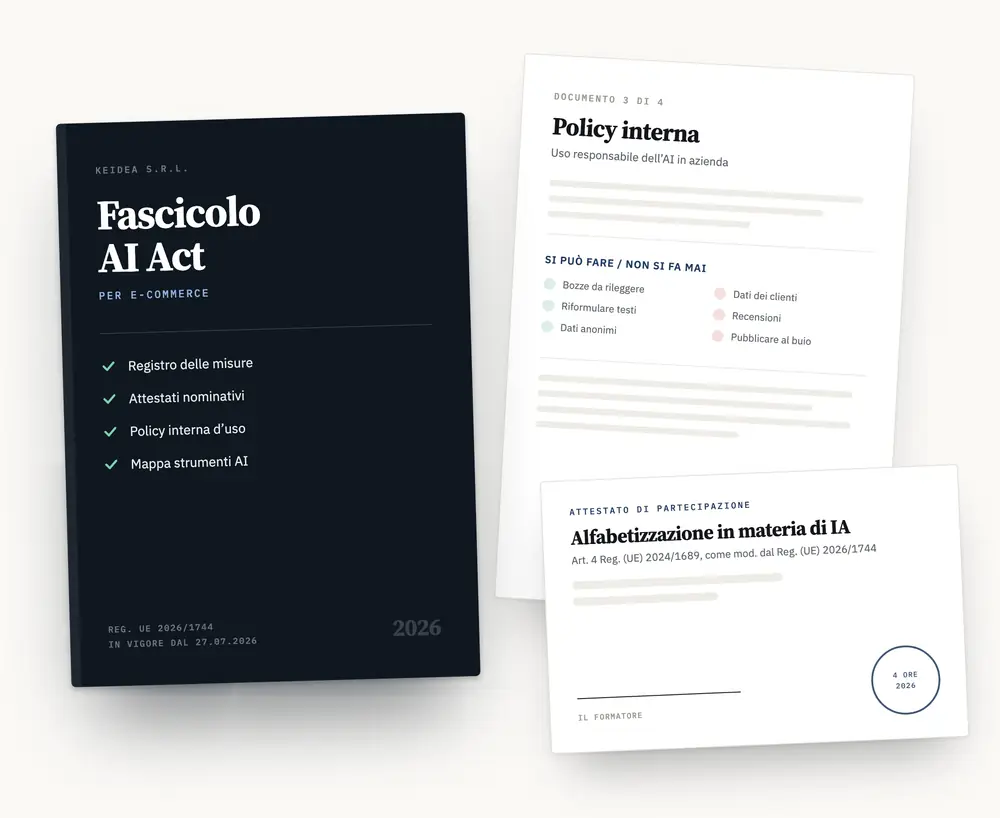 Il fascicolo consegnato a fine percorso: dossier AI Act, registro delle misure, policy interna d&rsquo;uso e attestato nominativo di partecipazione.