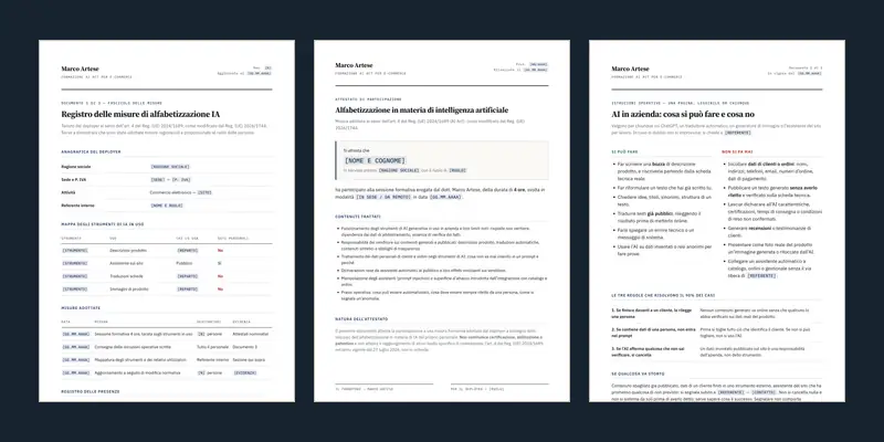 Fac-simile dei documenti consegnati: registro delle misure, attestato di partecipazione e istruzioni operative, con i dati identificativi oscurati.
